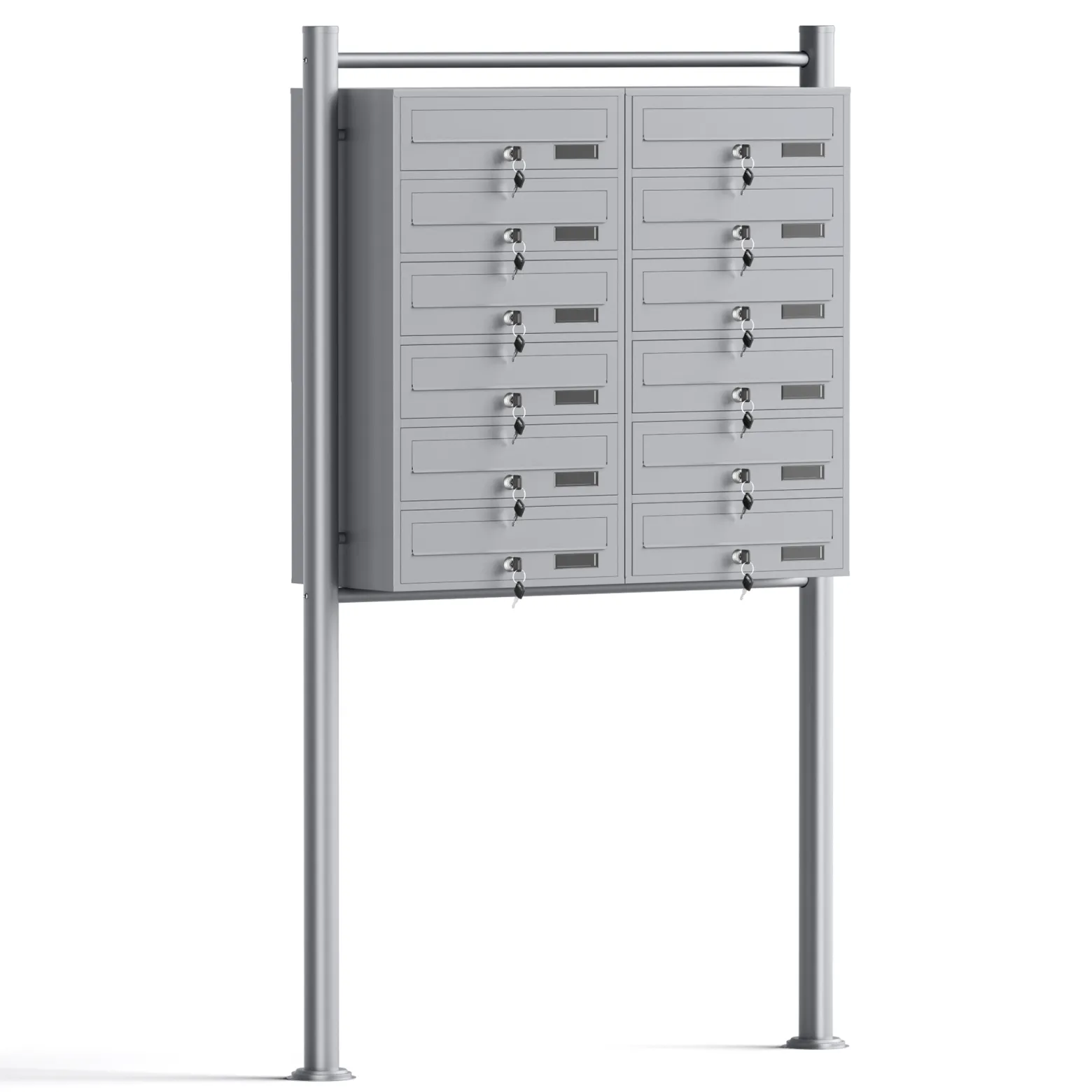 Wiltec 12er Briefkastenanlage silberfarben 945 x 270 x 1500 mm, Standbriefkasten mit 2x6 Fächern, Schlüssel und Namensschild, Briefkasten Postkasten mit Ständer
