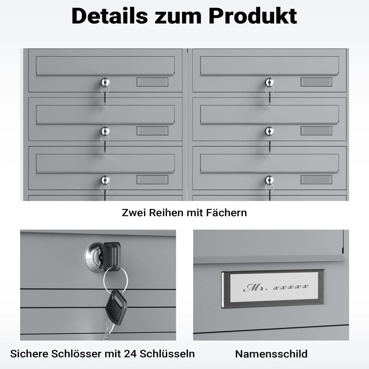 Wiltec 12er Briefkastenanlage silberfarben 945 x 270 x 1500 mm, Standbriefkasten mit 2x6 Fächern, Schlüssel und Namensschild, Briefkasten Postkasten mit Ständer