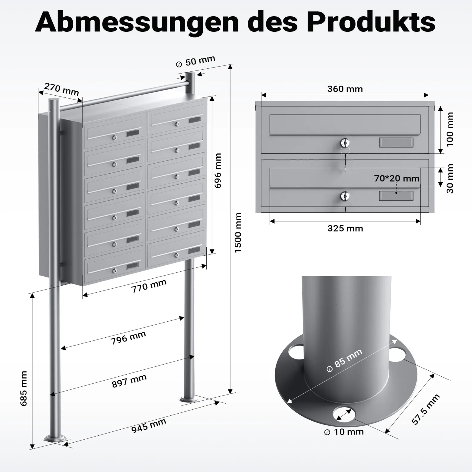 Wiltec 12er Briefkastenanlage silberfarben 945 x 270 x 1500 mm, Standbriefkasten mit 2x6 Fächern, Schlüssel und Namensschild, Briefkasten Postkasten mit Ständer