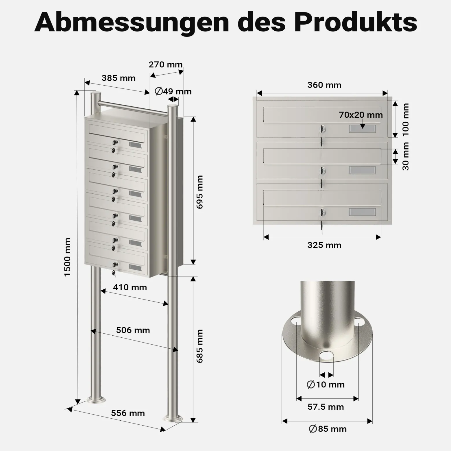 Wiltec 6er Briefkastenanlage Edelstahl 556 x 270 x 1500 mm, Standbriefkasten mit 6 Fächern, Schlüssel und Namensschild, Briefkasten Postkasten mit Ständer