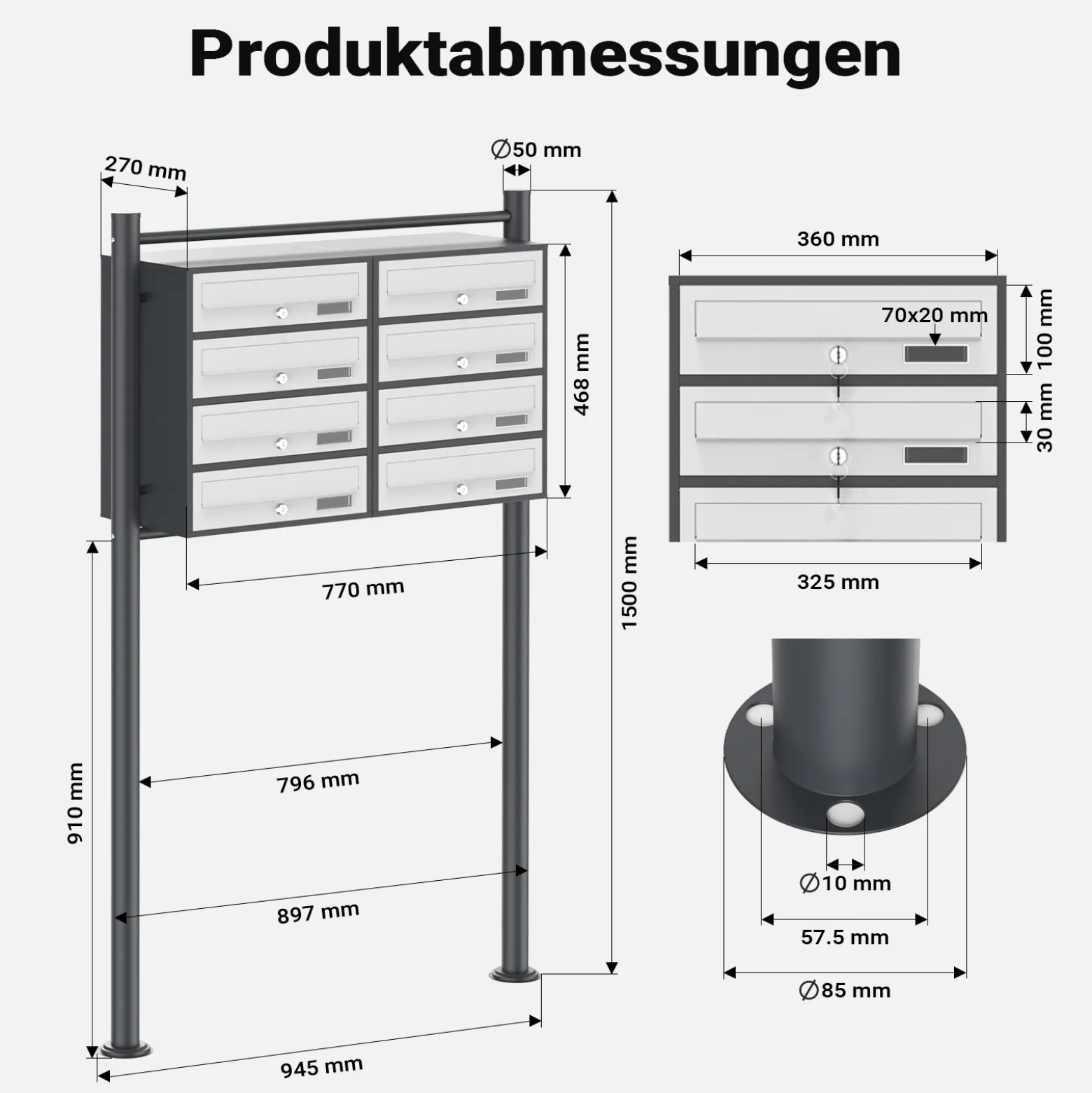 Wiltec 8er Briefkastenanlage Weiß/Anthrazit 945 x 270 x 1500 mm, Standbriefkasten mit 2x4 Fächern, Schlüssel und Namensschild, Briefkasten Postkasten mit Ständer