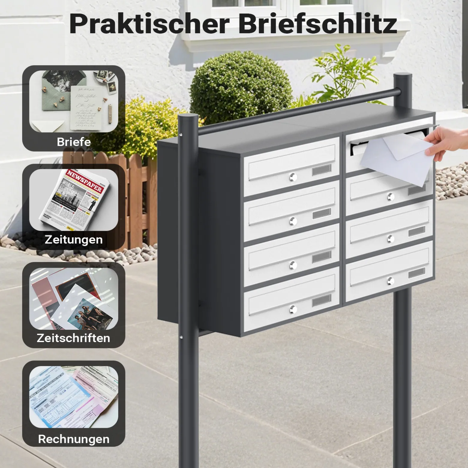 Wiltec 8er Briefkastenanlage Weiß/Anthrazit 945 x 270 x 1500 mm, Standbriefkasten mit 2x4 Fächern, Schlüssel und Namensschild, Briefkasten Postkasten mit Ständer