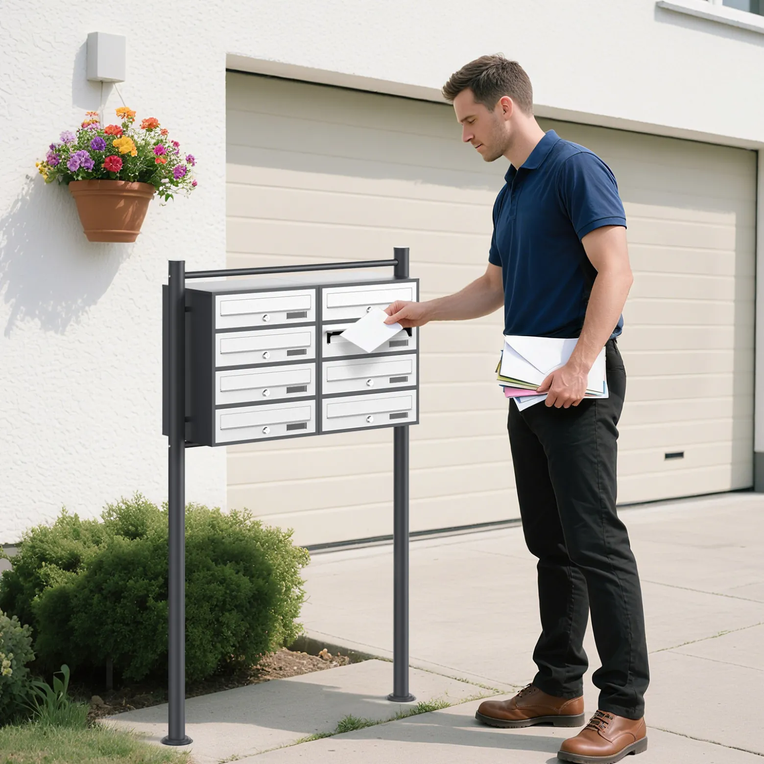 Wiltec 8er Briefkastenanlage Weiß/Anthrazit 945 x 270 x 1500 mm, Standbriefkasten mit 2x4 Fächern, Schlüssel und Namensschild, Briefkasten Postkasten mit Ständer