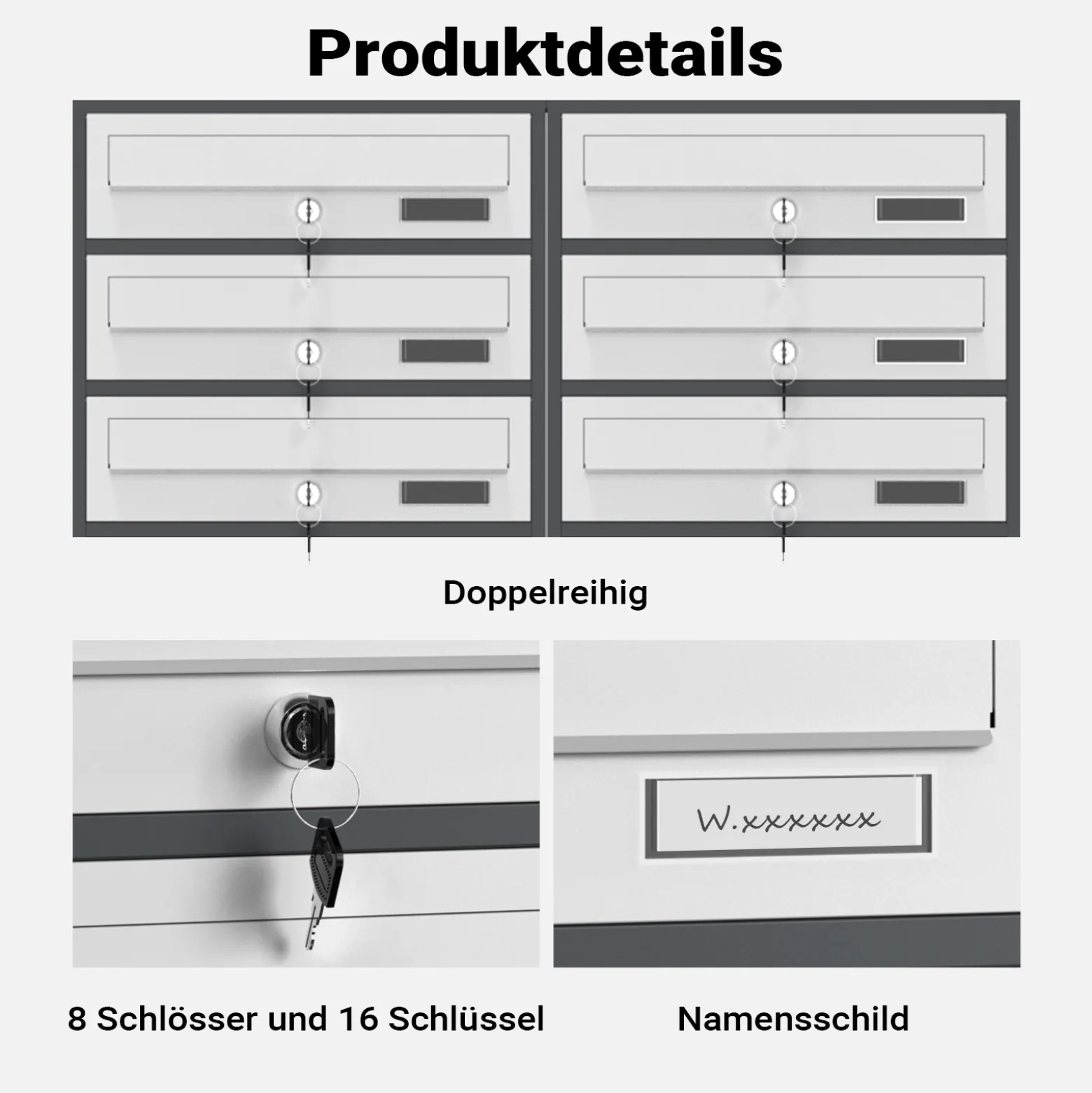 Wiltec 8er Briefkastenanlage Weiß/Anthrazit 945 x 270 x 1500 mm, Standbriefkasten mit 2x4 Fächern, Schlüssel und Namensschild, Briefkasten Postkasten mit Ständer