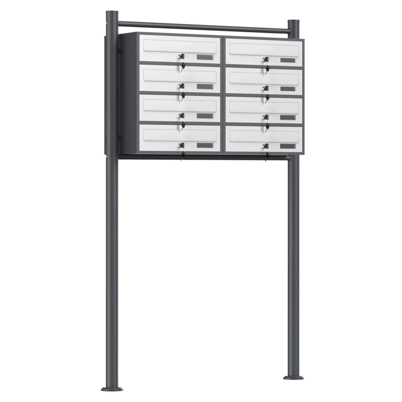 Wiltec 8er Briefkastenanlage Weiß/Anthrazit 945 x 270 x 1500 mm, Standbriefkasten mit 2x4 Fächern, Schlüssel und Namensschild, Briefkasten Postkasten mit Ständer