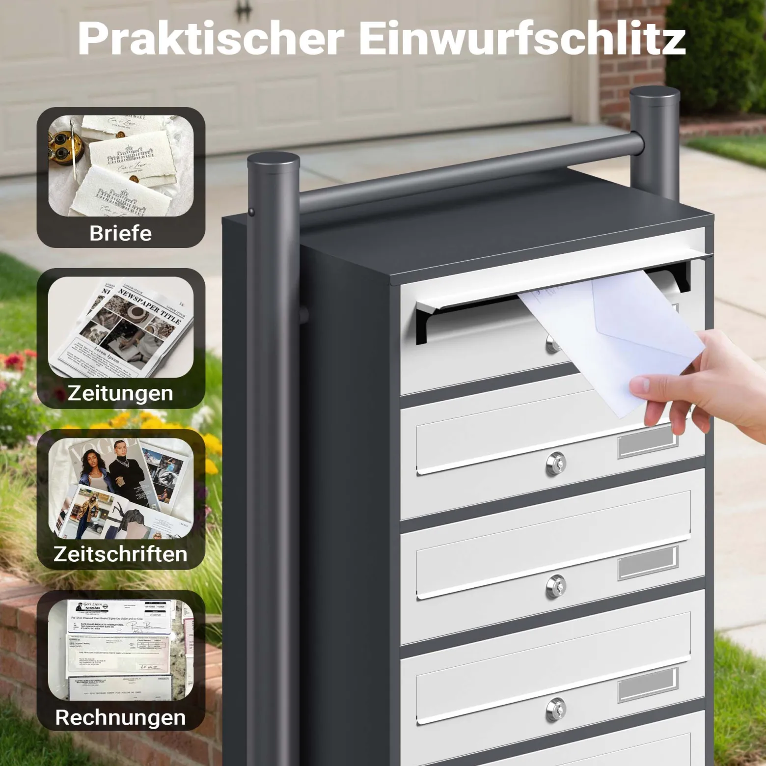 Wiltec 6er Briefkastenanlage Weiß/Anthrazit 556 x 270 x 1500 mm, Standbriefkasten mit 6 Fächern, Schlüssel und Namensschild, Briefkasten Postkasten mit Ständer