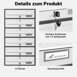 Wiltec 6er Briefkastenanlage Weiß/Anthrazit 556 x 270 x 1500 mm, Standbriefkasten mit 6 Fächern, Schlüssel und Namensschild, Briefkasten Postkasten mit Ständer