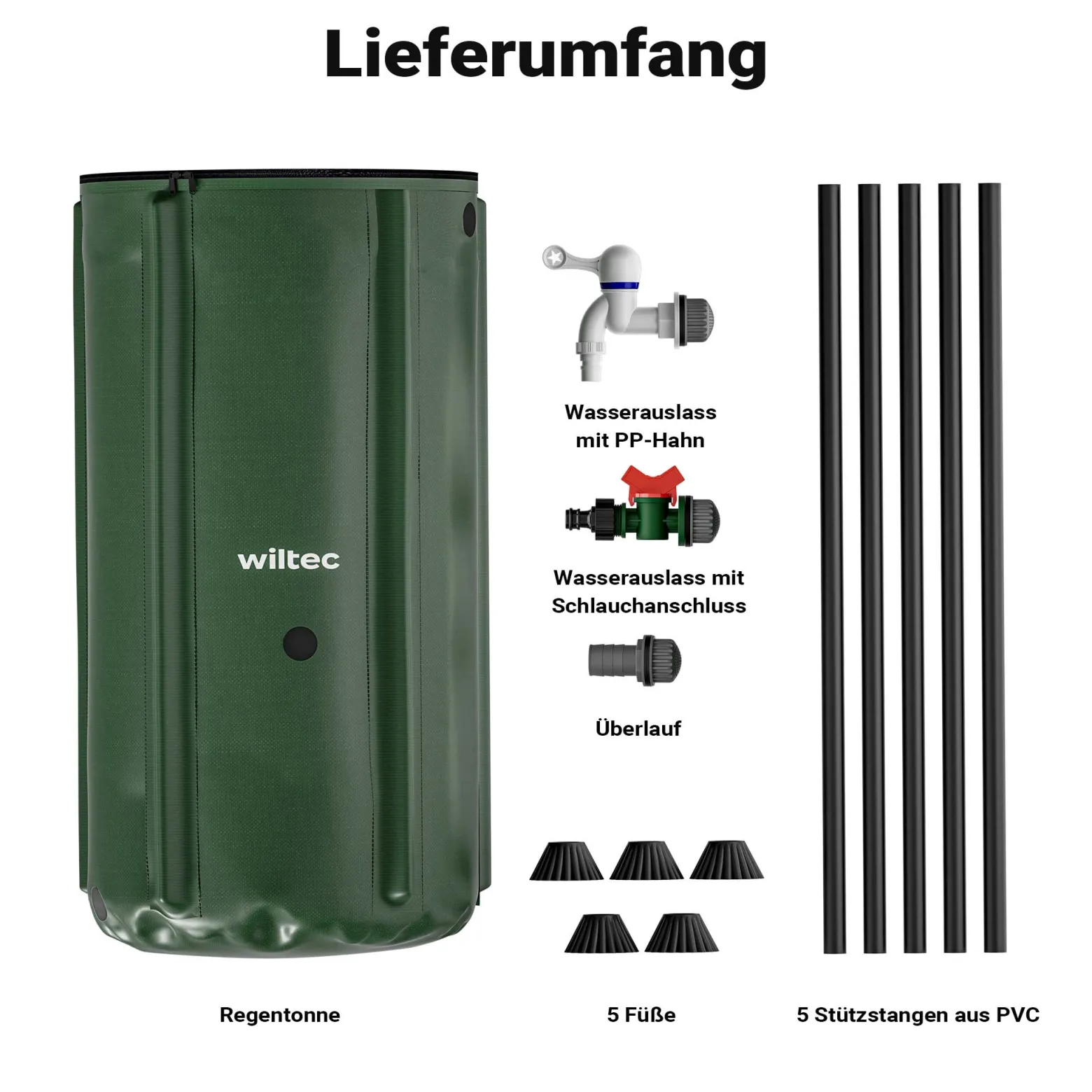 Wiltec Faltbare Regentonne 100 l mit Deckel, Regenfass aus 620 g/m² PVC, Regenwassertank mit Wasserhahn, Wasserspeicher Garten mit Schlauchanschluss