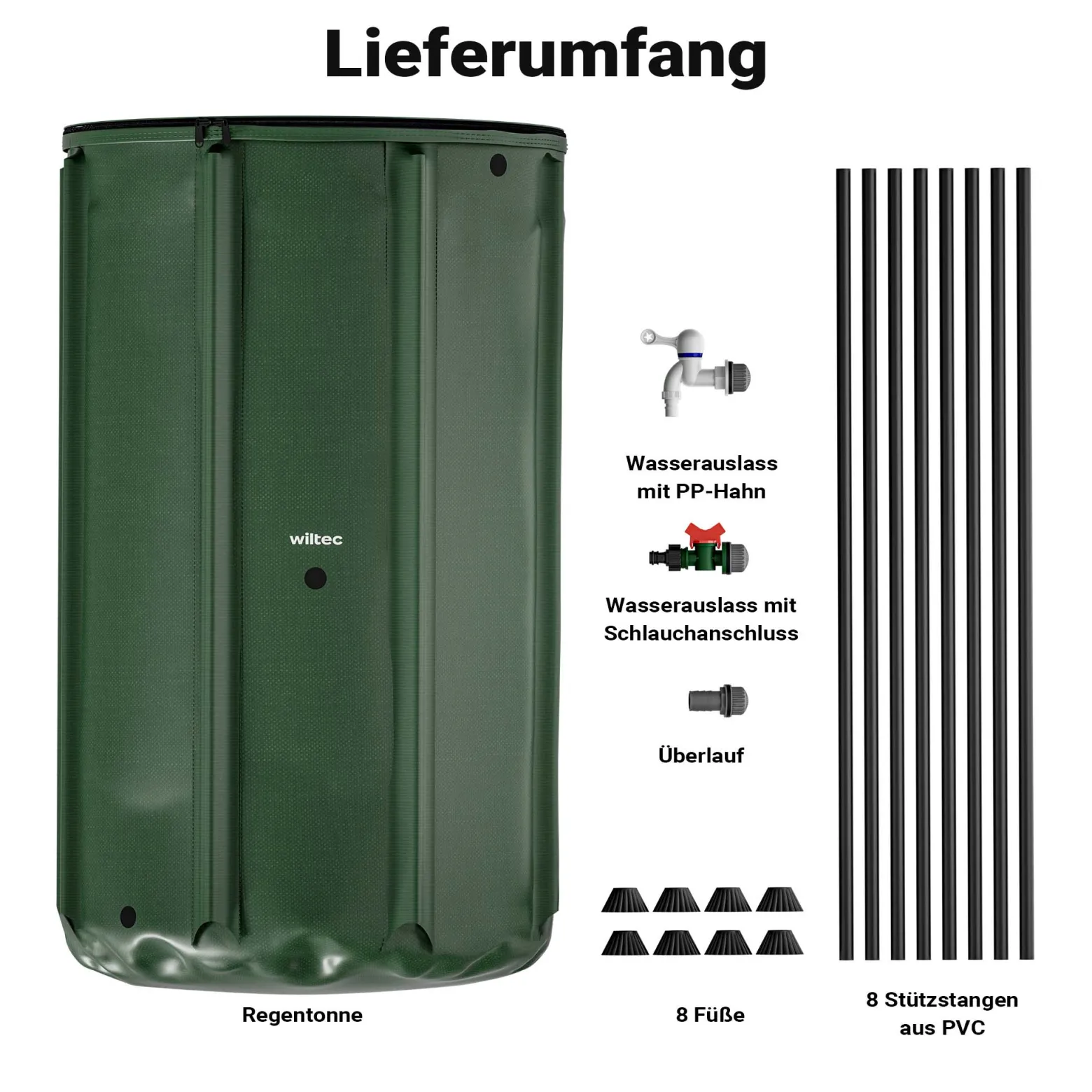 Wiltec Faltbare Regentonne 500 l mit Deckel, Regenfass aus 620 g/m² PVC, Regenwassertank mit Wasserhahn, Wasserspeicher Garten mit Schlauchanschluss