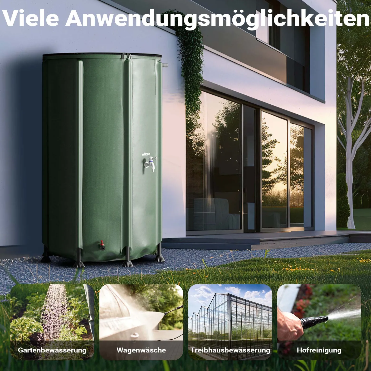 Wiltec Faltbare Regentonne 500 l mit Deckel, Regenfass aus 620 g/m² PVC, Regenwassertank mit Wasserhahn, Wasserspeicher Garten mit Schlauchanschluss
