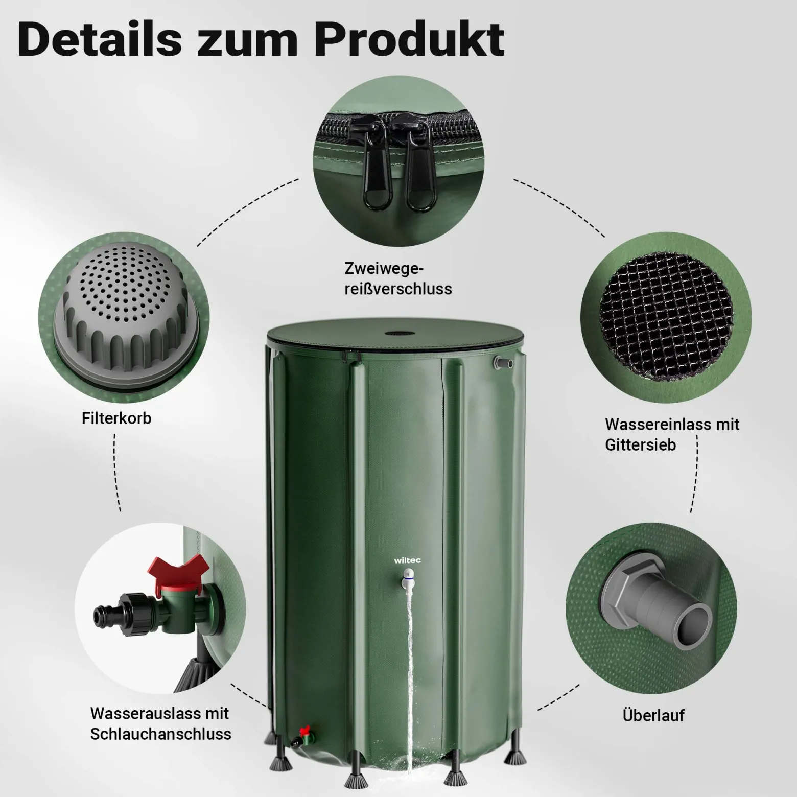 Wiltec Faltbare Regentonne 500 l mit Deckel, Regenfass aus 620 g/m² PVC, Regenwassertank mit Wasserhahn, Wasserspeicher Garten mit Schlauchanschluss