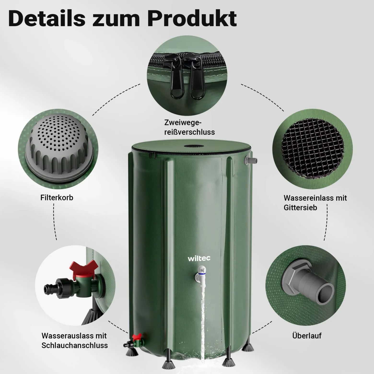 Wiltec Faltbare Regentonne 250 l mit Deckel, Regenfass aus 620 g/m² PVC, Regenwassertank mit Wasserhahn, Wasserspeicher Garten mit Schlauchanschluss