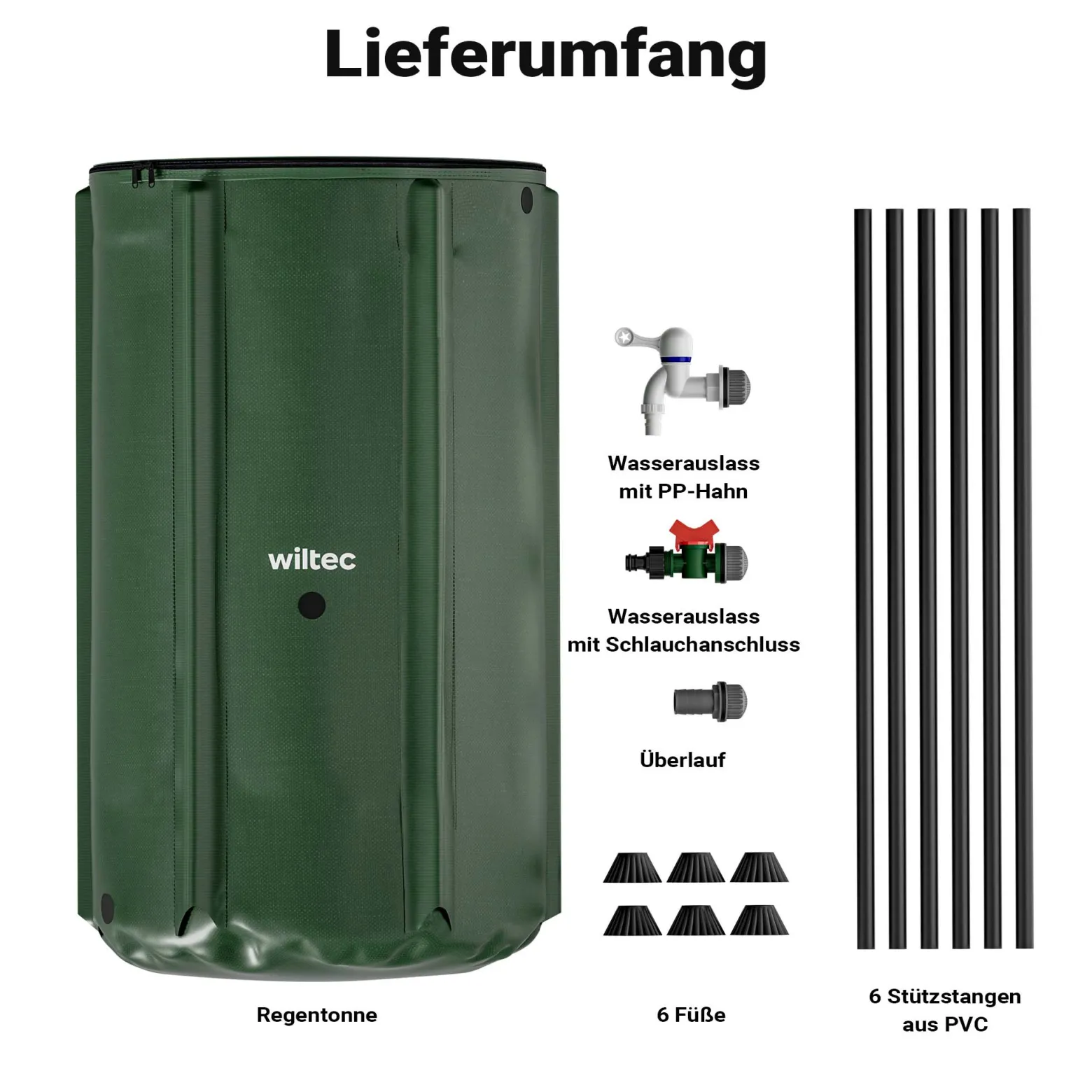 Wiltec Faltbare Regentonne 250 l mit Deckel, Regenfass aus 620 g/m² PVC, Regenwassertank mit Wasserhahn, Wasserspeicher Garten mit Schlauchanschluss