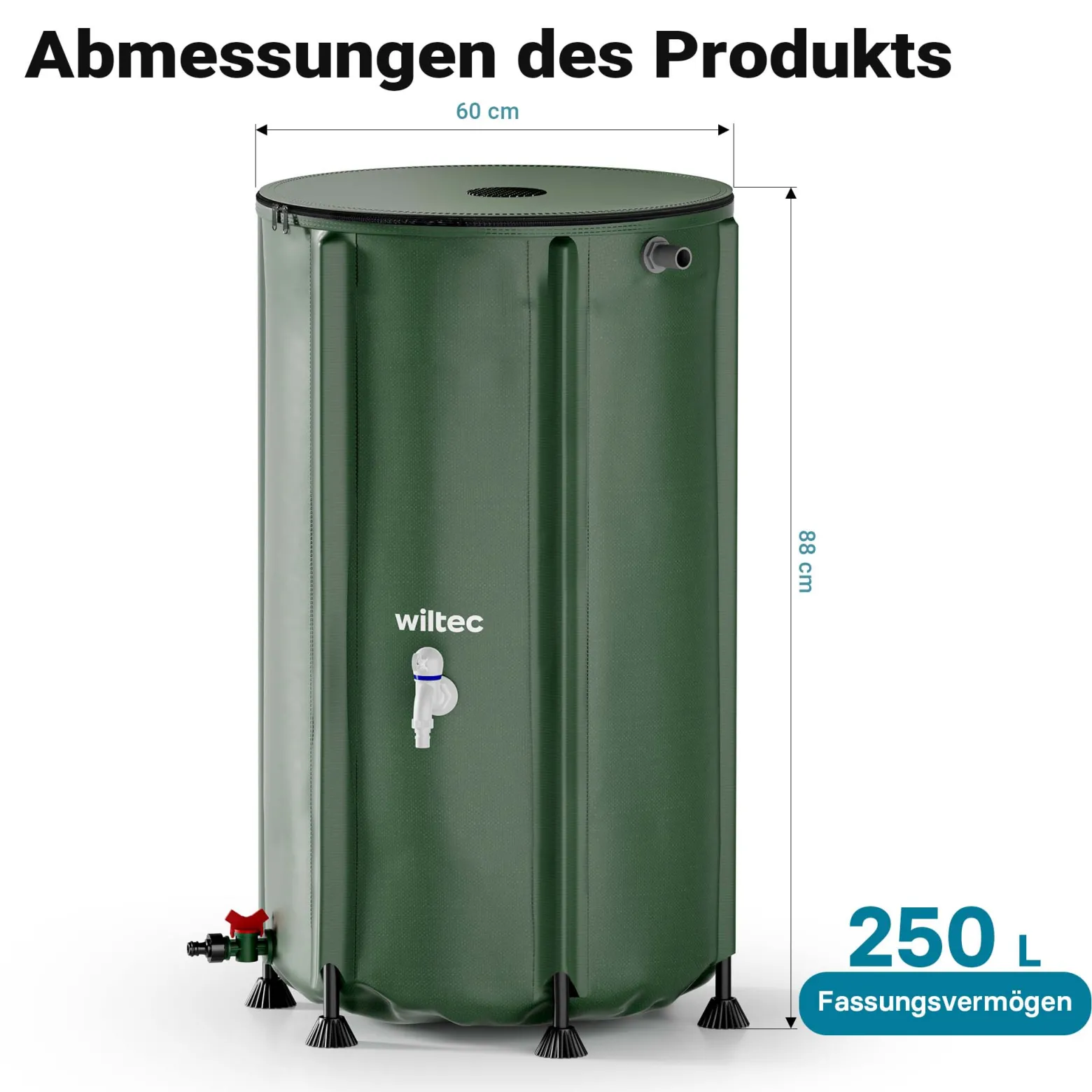 Wiltec Faltbare Regentonne 250 l mit Deckel, Regenfass aus 620 g/m² PVC, Regenwassertank mit Wasserhahn, Wasserspeicher Garten mit Schlauchanschluss