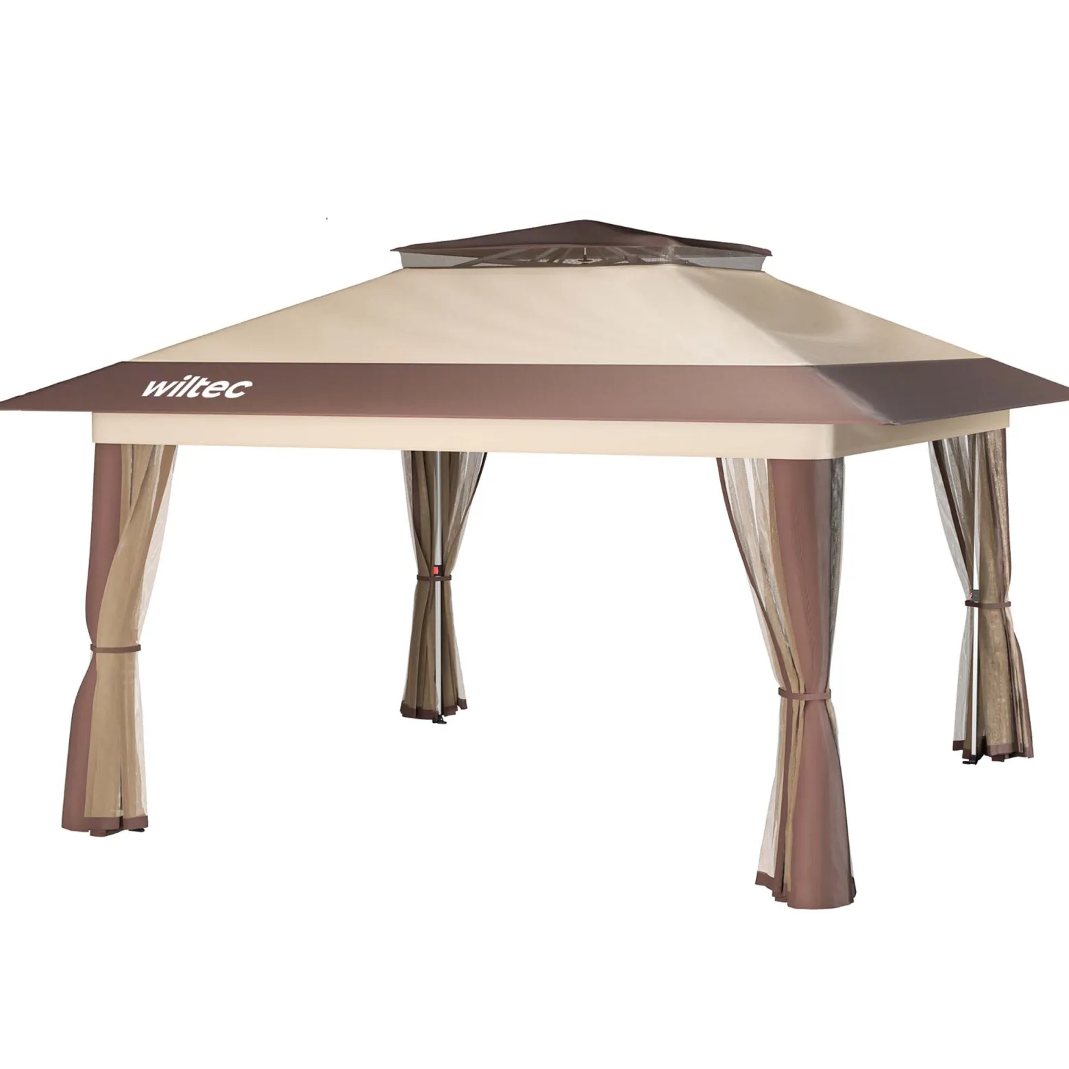 Wiltec Faltpavillon Moskitonetz 4 x 4 m beige, Gartenpavillon mit Rädern und Mückennetz, Partyzelt mit "One Push"-Technik und verstellbaren Beinen
