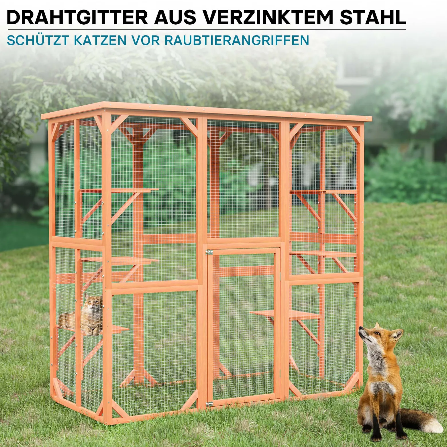 Wiltec Freilaufgehege Katzen 168 x 82 x 166,5 cm mit 6 Liegeflächen, wetterfestes Katzengehege Garten, Katzenhaus mit Drahtgitter und Bitumen Dach