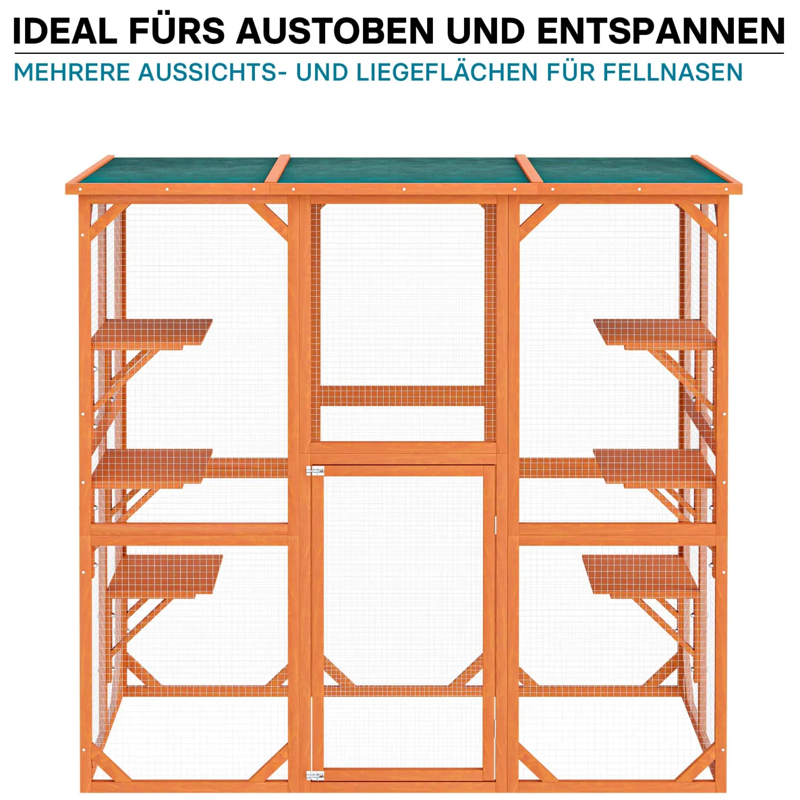 Wiltec Freilaufgehege Katzen 168 x 82 x 166,5 cm mit 6 Liegeflächen, wetterfestes Katzengehege Garten, Katzenhaus mit Drahtgitter und Bitumen Dach