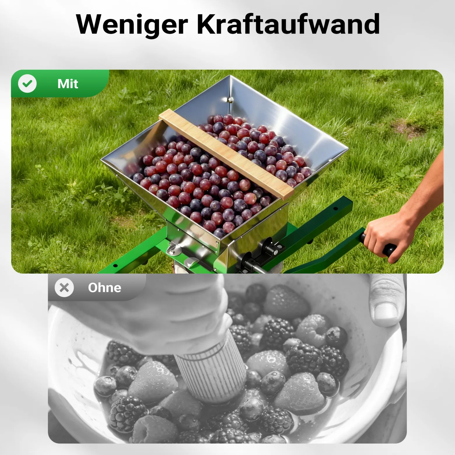 Wiltec Fruchtmühle mit 7 L Trichter, Obstmühle mit Handkurbel, Obstpresse für weiche Früchte wie Trauben und Beeren