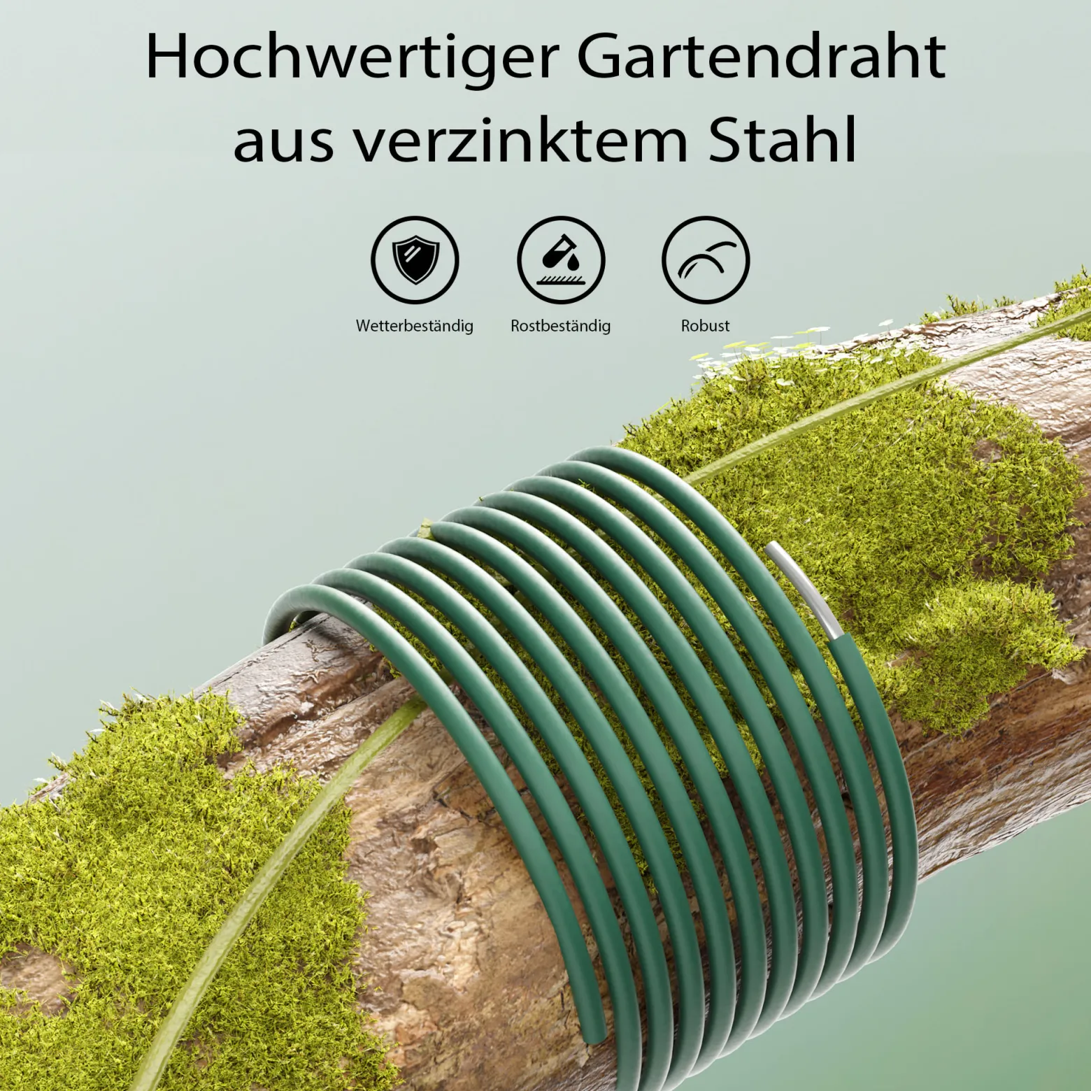 Wiltec Gartendraht grün Ø 2 mm x 50 m, Bindedraht Stahl verzinkt mit PVC-Beschichtung, Pflanzendraht mit Drahthalterung, flexibler Basteldraht