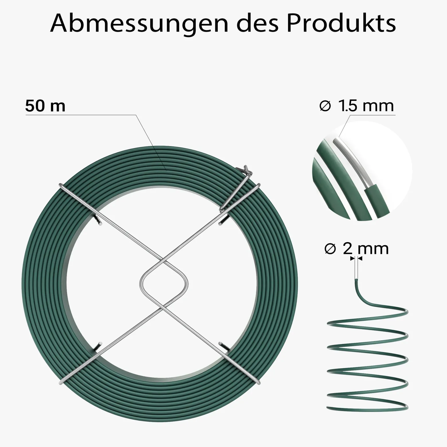 Wiltec Gartendraht grün Ø 2 mm x 50 m, Bindedraht Stahl verzinkt mit PVC-Beschichtung, Pflanzendraht mit Drahthalterung, flexibler Basteldraht