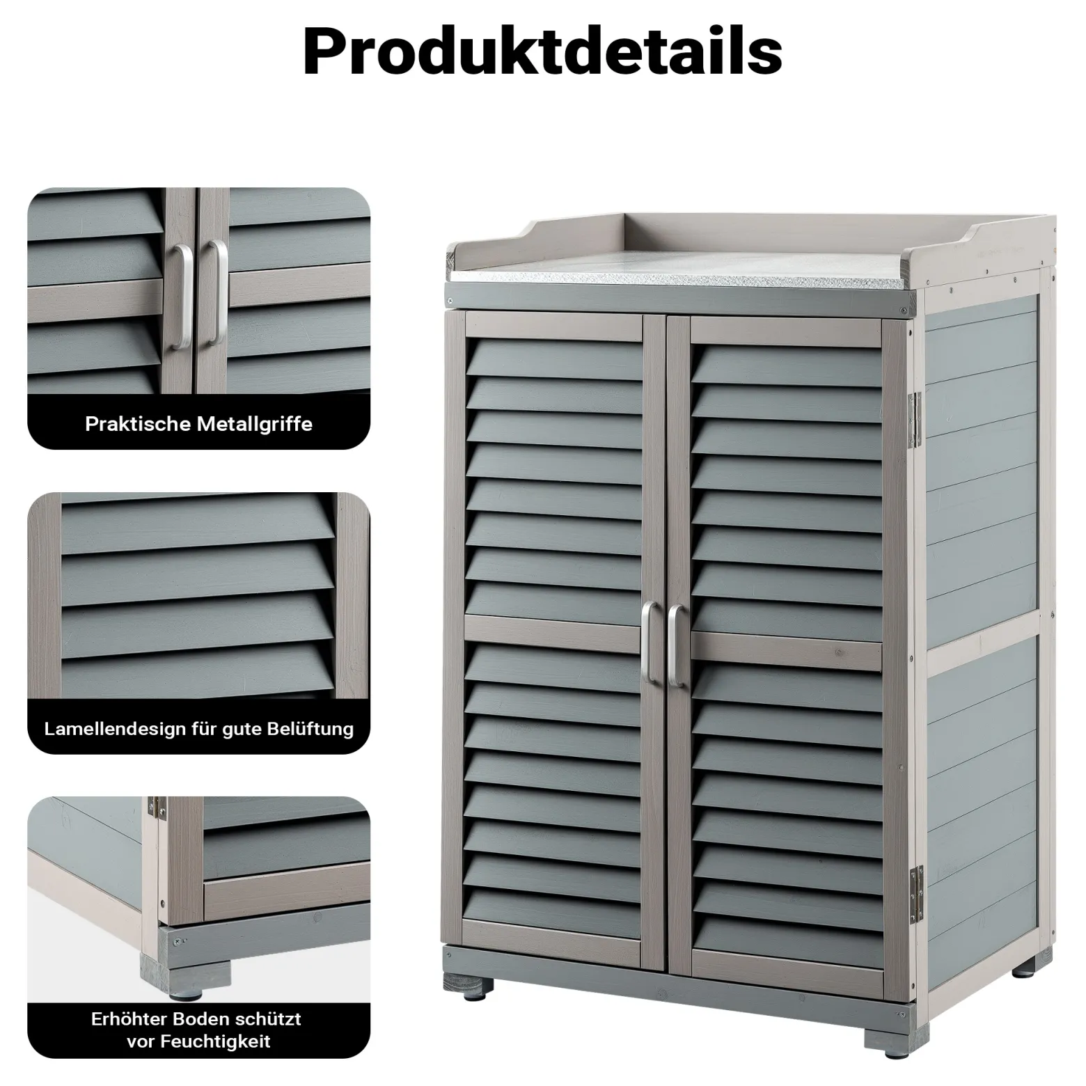 Wiltec Gartentisch mit Unterschrank und Arbeitsplatte, grau, Pflanztisch mit Schutzleisten für Gartenarbeiten, Holzschrank Werkzeugschrank Arbeitstisch für Garten