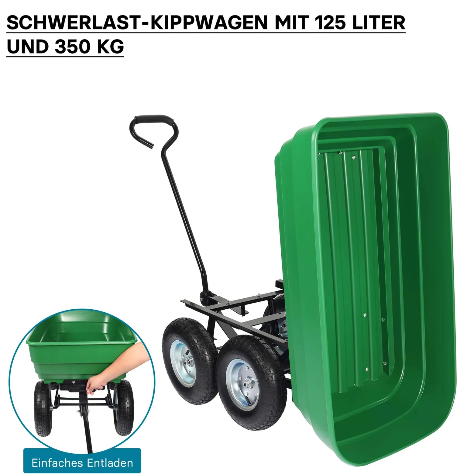 Wiltec Gartenwagen mit Kippfunktion bis 350 kg, Handwagen mit 125 l Volumen, Bollerwagen für Gartenarbeit, Handkarren für u. a. Rasen, Kies, Schlamm