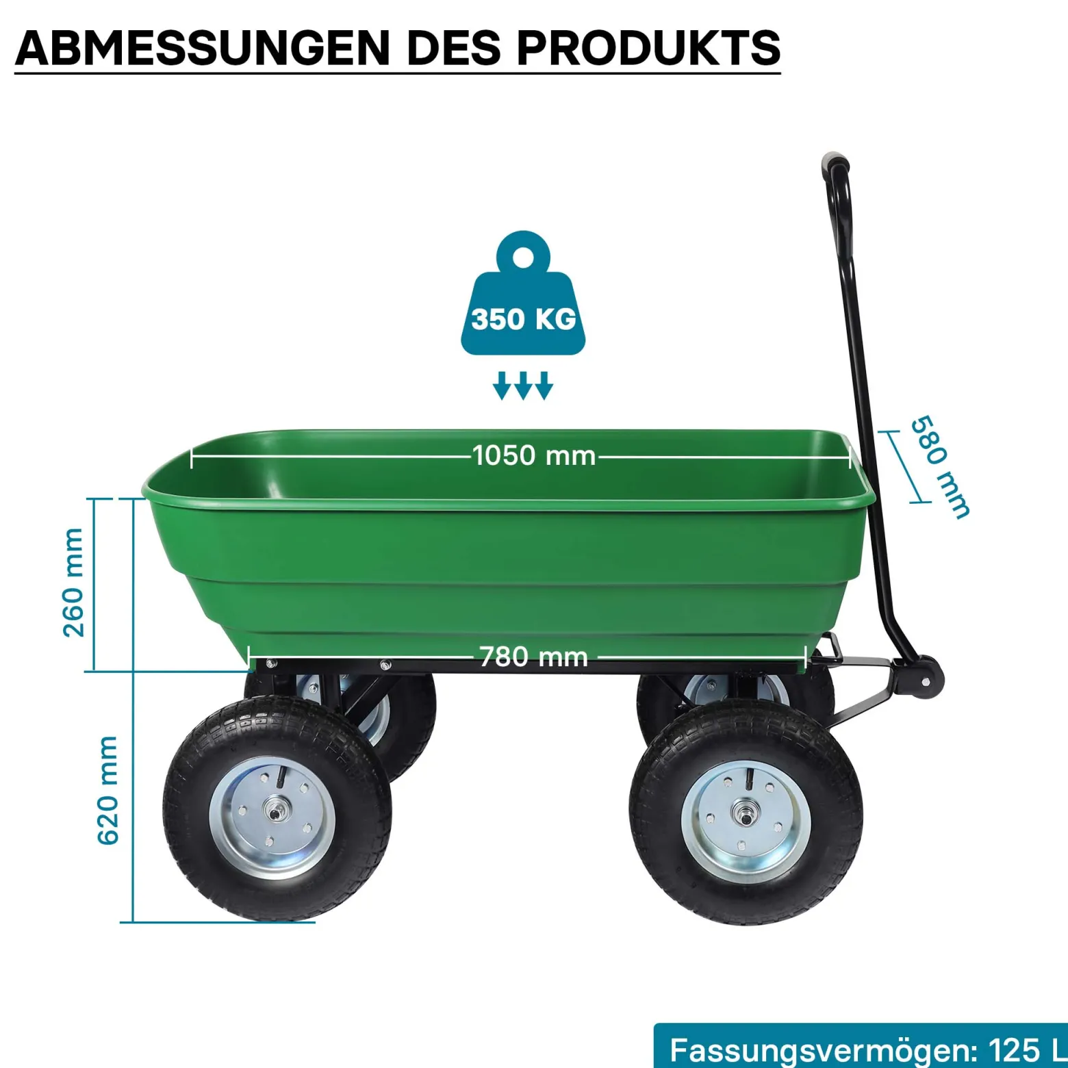 Wiltec Gartenwagen mit Kippfunktion bis 350 kg, Handwagen mit 125 l Volumen, Bollerwagen für Gartenarbeit, Handkarren für u. a. Rasen, Kies, Schlamm