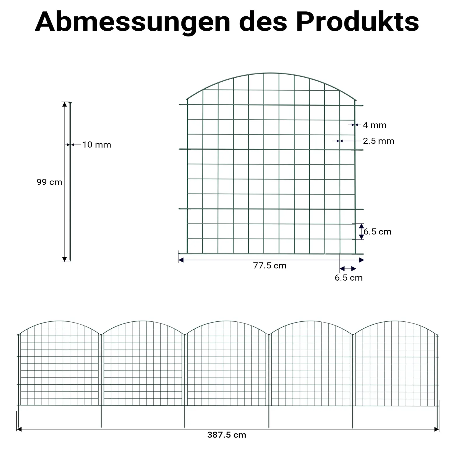 Wiltec Gartenzaun Set mit 5 Elementen grün, Teichzaun mit Oberbogen, Maschendrahtzaun 770 x 8 x 780 mm, Steckzaun leichte Montage, pulverbeschichtet & korrosionsbeständig
