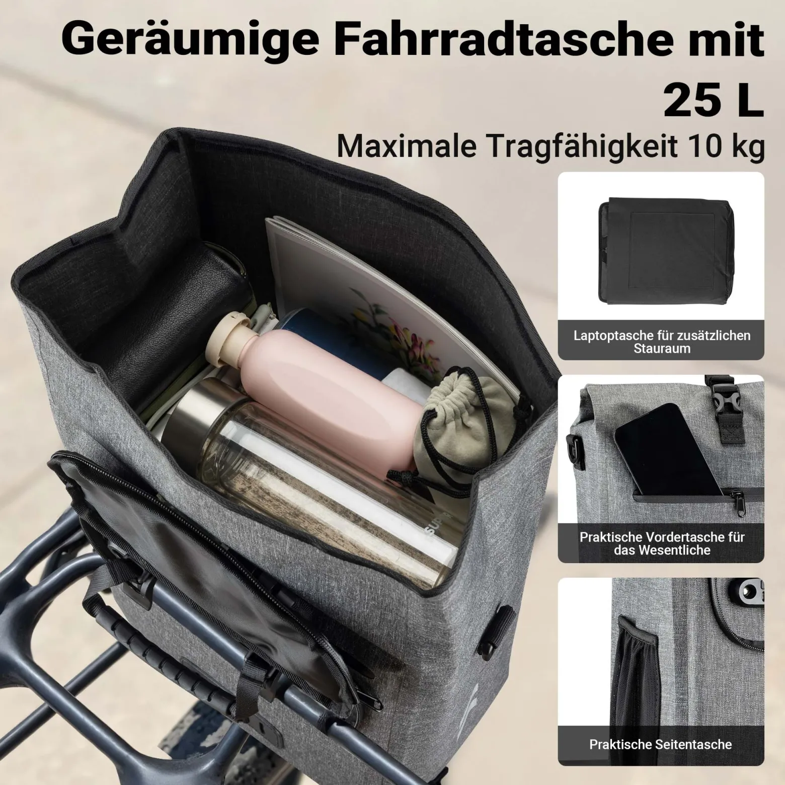 Wiltec Gepäckträgertasche grau, Fahrradtasche Rucksack 25 l Stauraum, Gepäcktasche mit Laptopfach, wasserresistente Fahrrad Tasche