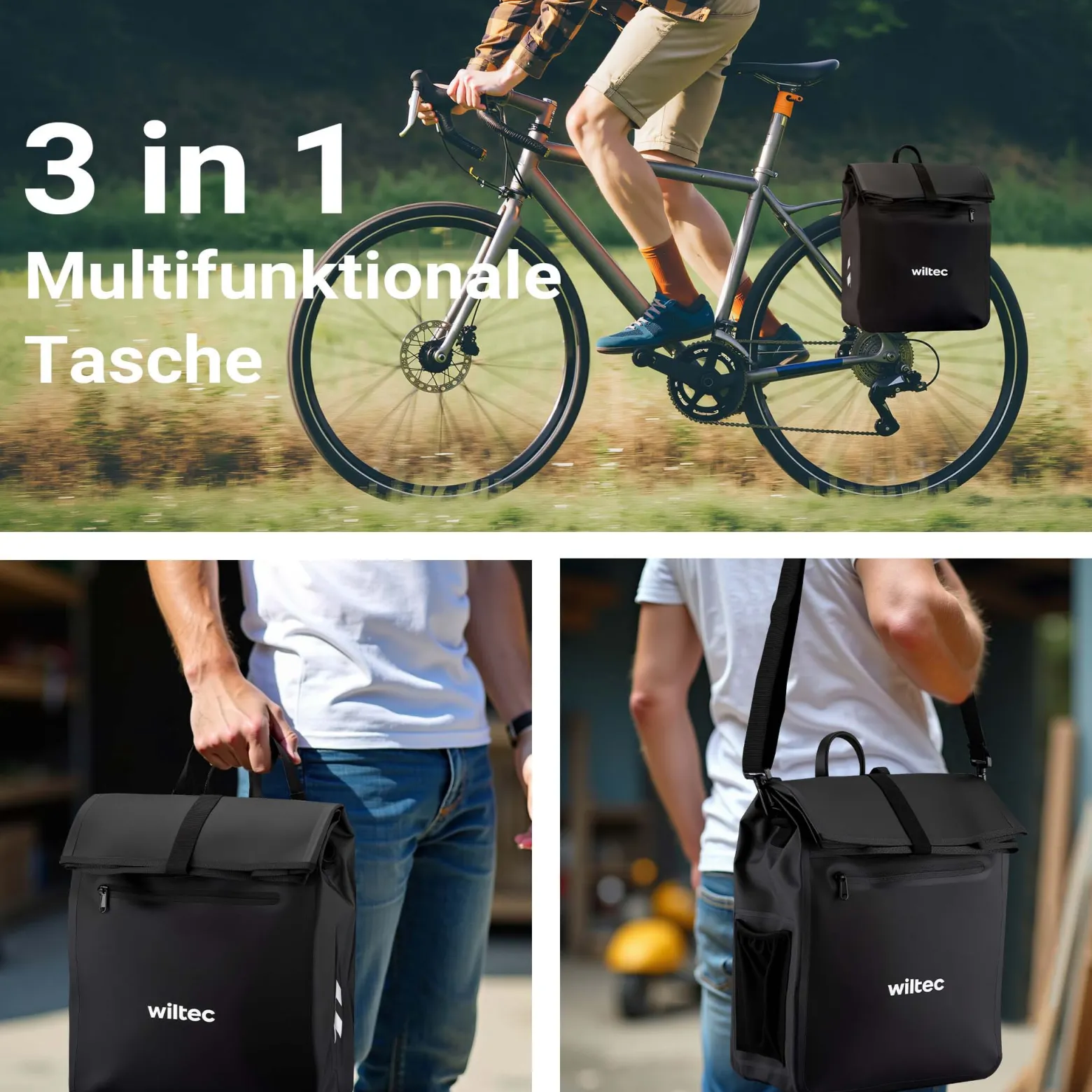 Wiltec Gepäckträgertasche schwarz, Fahrradtasche Gepäckträger 22 l Stauraum, wasserresistente Fahrrad Tasche, Gepäcktasche leichte Handhabung