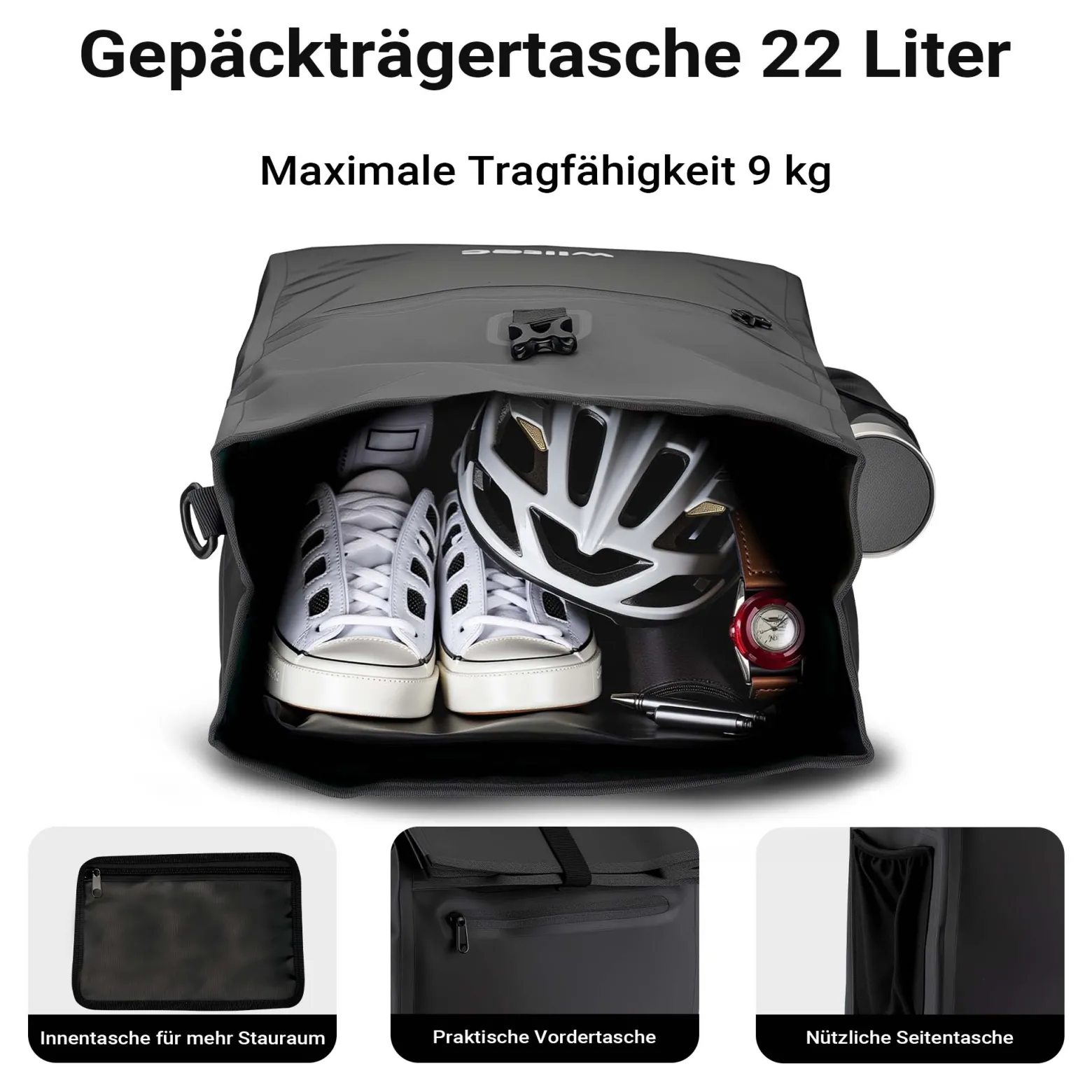 Wiltec Gepäckträgertasche schwarz, Fahrradtasche Gepäckträger 22 l Stauraum, wasserresistente Fahrrad Tasche, Gepäcktasche leichte Handhabung