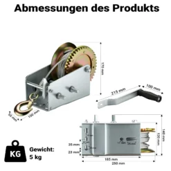 Wiltec Handseilwinde bis 1100kg Übersetzung 4:1 8:1 170x175x240mm, Winde mit 8m Drahtseil, Seilwinde handbetrieben, Handseilzug effizient, Forstseilwinde