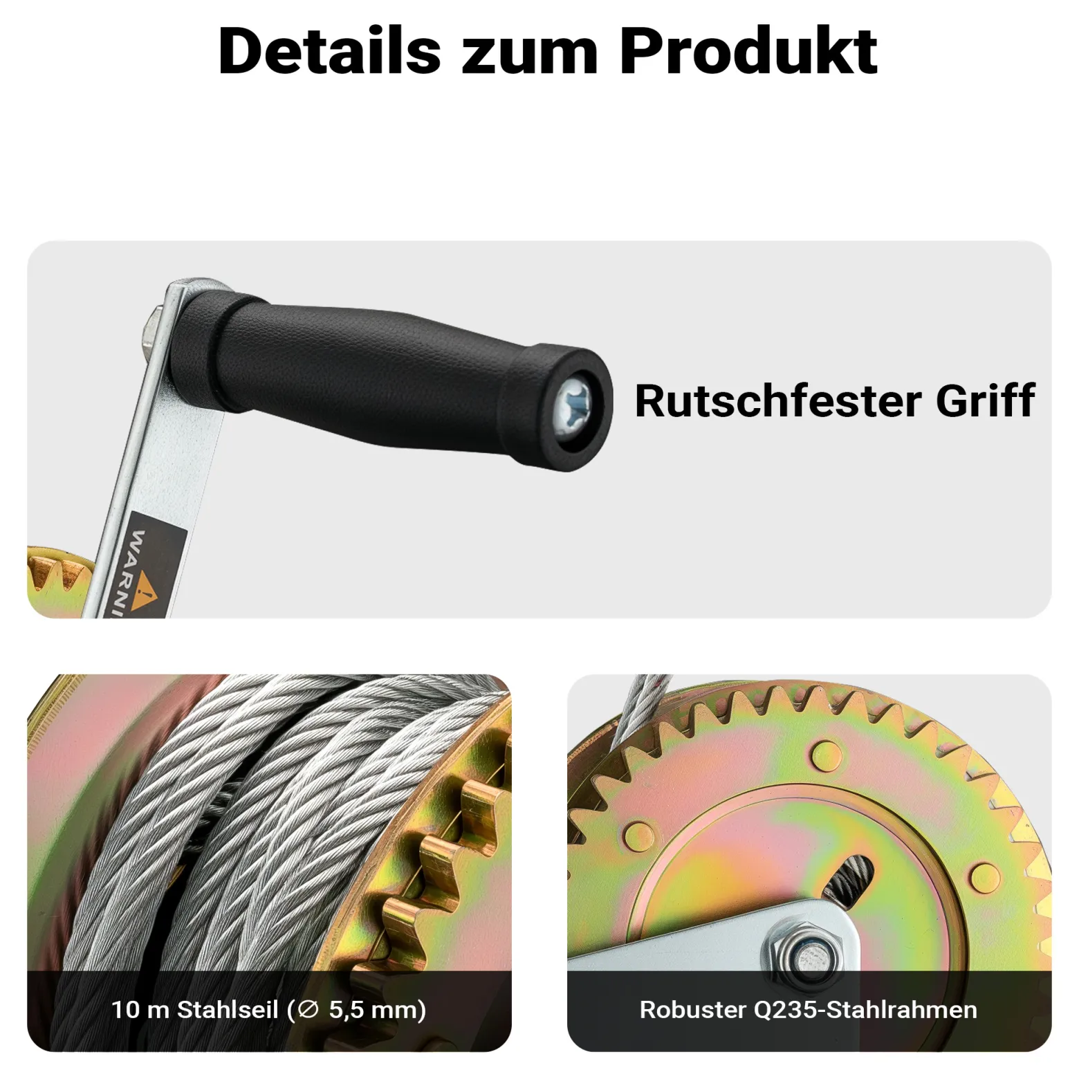 Wiltec Handseilwinde bis 900kg Übersetzung 4:1 8:1 175x173x233 mm, Winde mit 10m Drahtseil, Seilwinde handbetrieben, Handseilzug effizient, Forstseilwinde