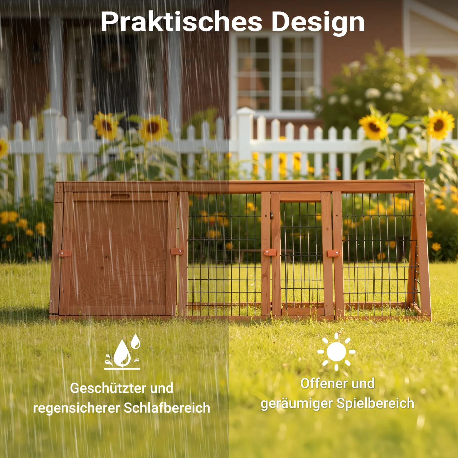 Wiltec Hasenstall in Dreiecksform, 118 x 50 x 45 cm, Kaninchenstall mit Freilauf und Schlafbereich, Kleintierstall aus Fichtenholz, Außengehege mit Türen
