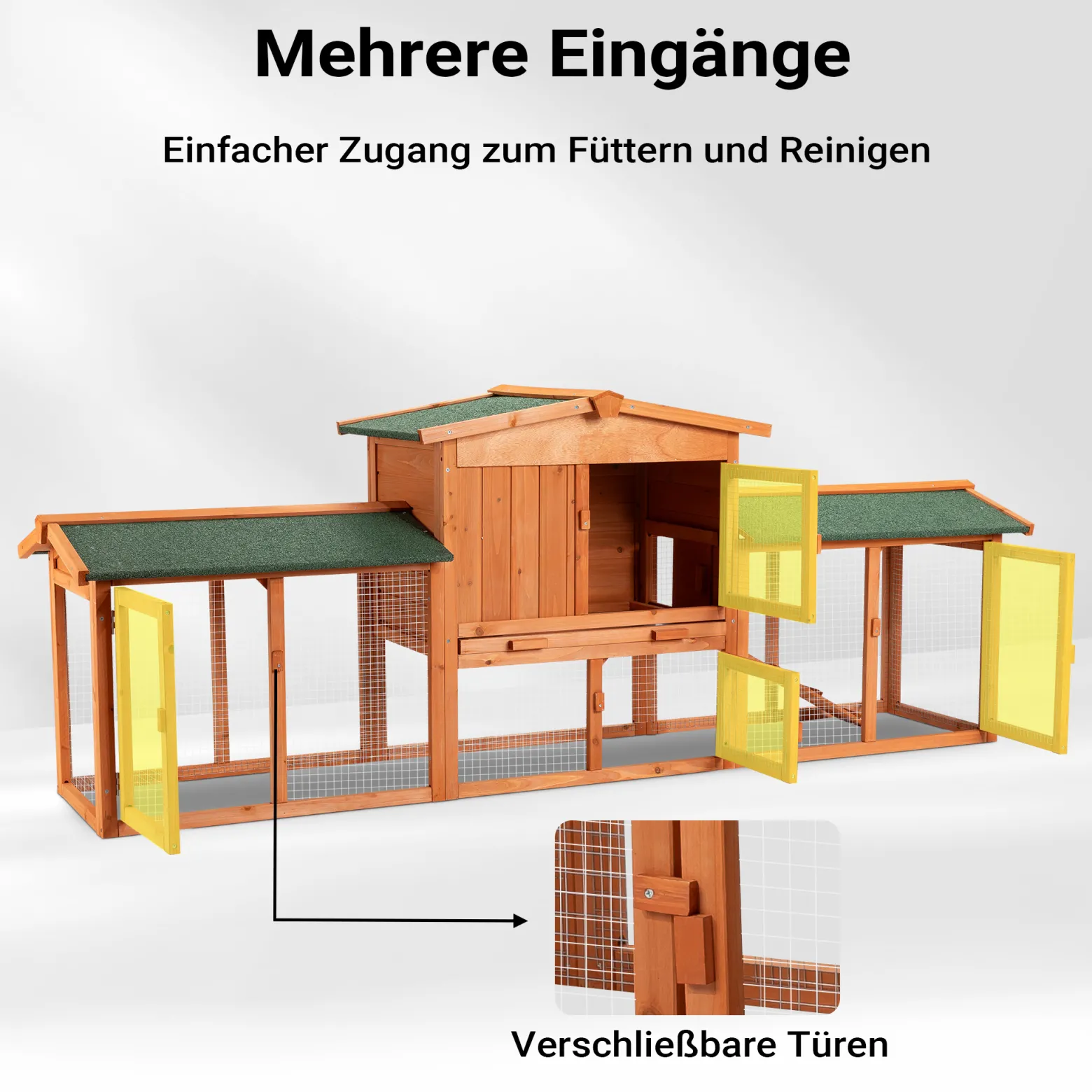 Wiltec Hasenstall 2190 x 530 x 850 mm mit Freilaufgehege und erhöhtem Unterschlupf aus Fichtenholz, Kaninchenkäfig mit 2 Etagen, Kleintierstall
