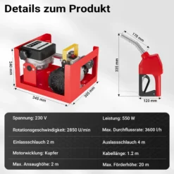 Wiltec Heizöl- und Dieselpumpe 230V/550W 20-60l/min selbstansaugend Pumpe mit automatischer Pistole, Kraftstoffpumpe, Absaugpumpe