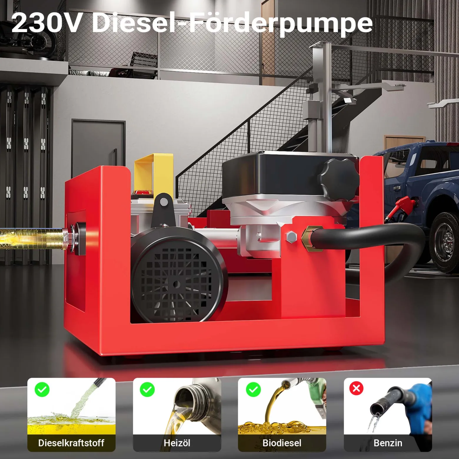 Wiltec Heizöl- und Dieselpumpe 230V/550W 20-60l/min selbstansaugend Pumpe mit automatischer Pistole, Kraftstoffpumpe, Absaugpumpe