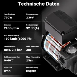 Wiltec Heizöl- und Dieselpumpe 230V 750W 100l/min, Selbstansaugende Umfüllpumpe mit 3 m Ansaughöhe und Rückschlagventil, Absaugpumpe