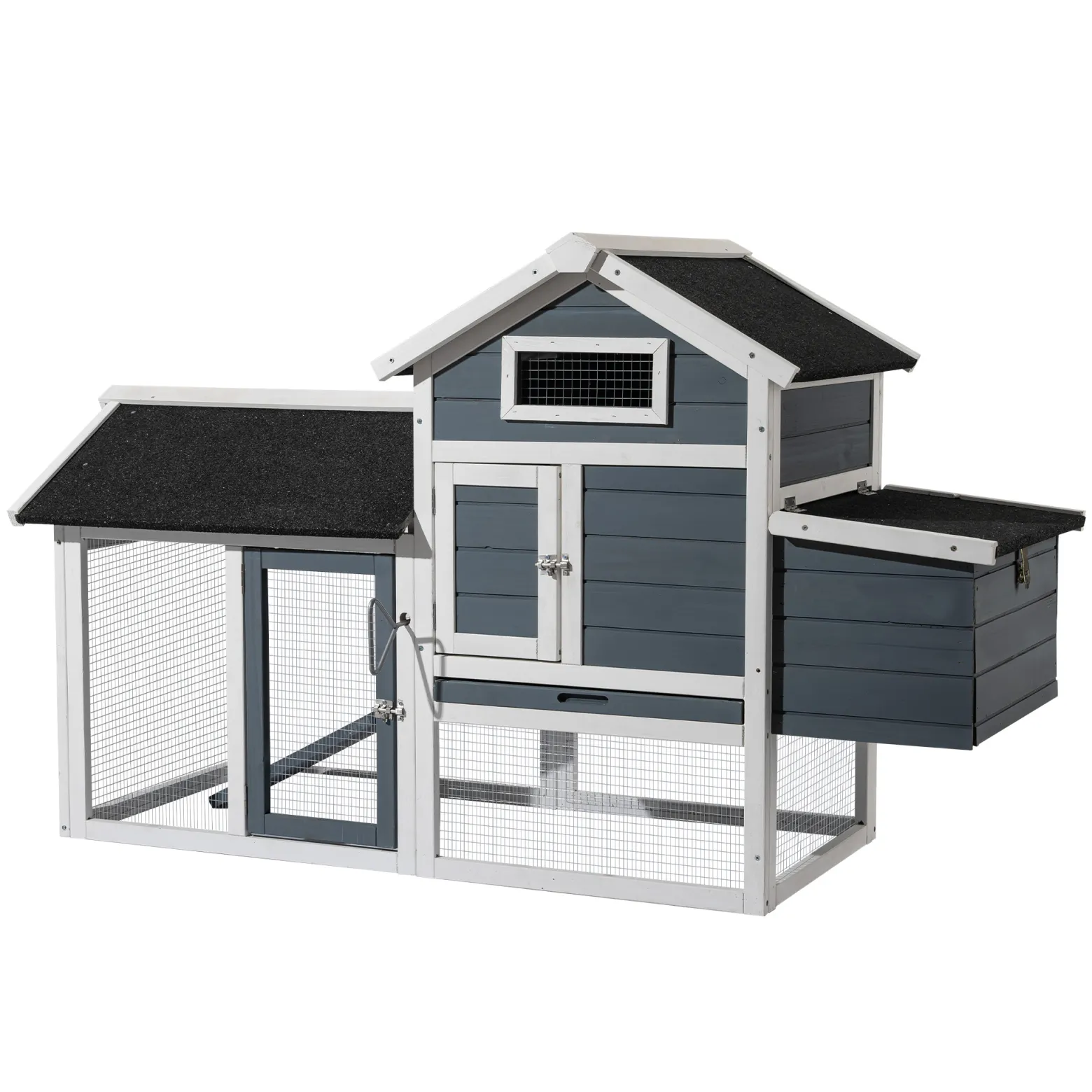 Wiltec Hühnerstall 1520 x 520 x 920 mm grau weiß mit Freilauf und Nistkasten aus Tannenholz, Hühnerhaus mit Unterschlupf, Gitter und Kotwanne verzinkt