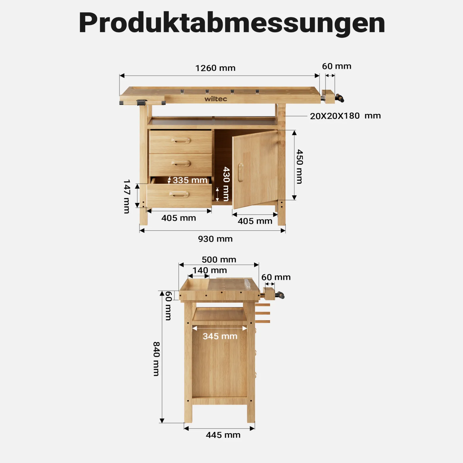 Wiltec Hobelbank 126 x 50 x 84 cm aus Holz, Werkbank bis 150 kg, Werktisch mit Spannzangen, Schubladen und Gerätefach, Arbeitstisch aus Rubberwood