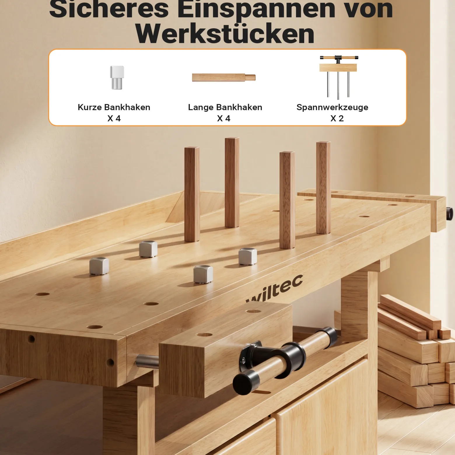Wiltec Hobelbank 126 x 50 x 84 cm aus Holz, Werkbank bis 150 kg, Werktisch mit Spannzangen, Schubladen und Gerätefach, Arbeitstisch aus Rubberwood