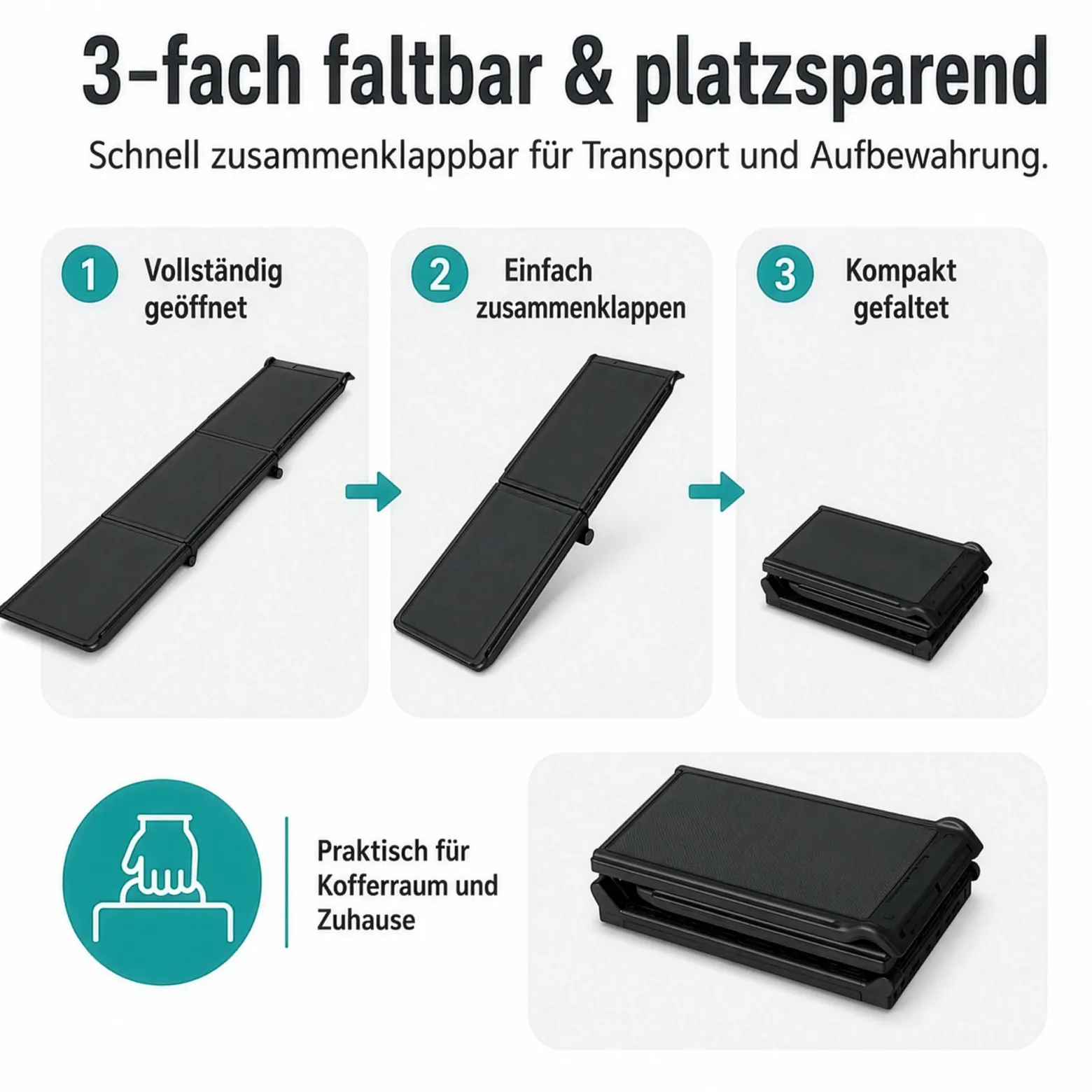 Wiltec Hunderampe 180 x 40 cm 50 kg 3-fach faltbar rutschfeste Autorampe für Hunde, klappbare Einstiegshilfe aus PP fürs Auto, SUV und Pick up
