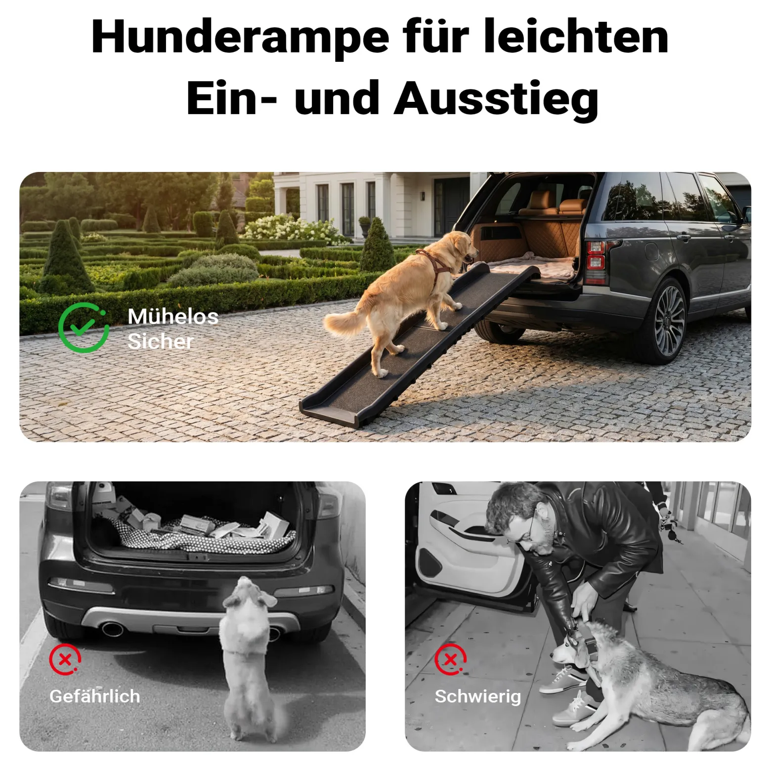 Wiltec Hunderampe 155 x 40 cm 90 kg faltbar Noppen Anti-Rutsch, rutschfeste Autorampe für Hunde, klappbare Einstiegshilfe aus PP fürs Auto, SUV und Pick up
