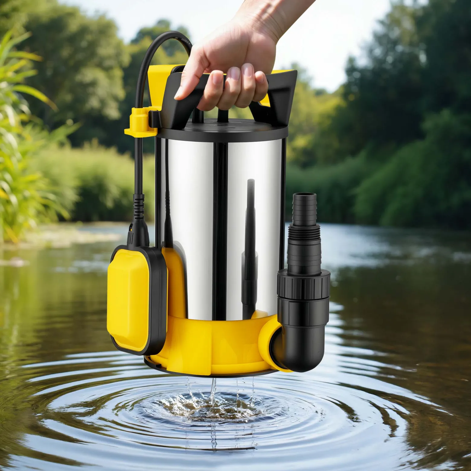 Wiltec 3 in 1 Flachsauger Tauchpumpe Edelstahl 1100 W, Schmutzwasserpumpe 18000 l/h, Flachwasserpumpe mit Schwimmer, Flachsaugpumpe für Keller