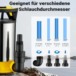 Wiltec 3 in 1 Flachsauger Tauchpumpe Edelstahl 400 W, Schmutzwasserpumpe 8000 l/h, Flachwasserpumpe mit Schwimmer, Flachsaugpumpe für Keller