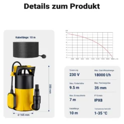 Wiltec 3 in 1 Flachsauger Tauchpumpe 1100 W, Schmutzwasserpumpe 18000l/h, Flachwasserpumpe mit Schwimmer, Flachsaugpumpe für Keller und Garten