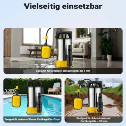 Wiltec 3 in 1 Flachsauger Tauchpumpe Edelstahl 750 W, Schmutzwasserpumpe 14000 l/h, Flachwasserpumpe mit Schwimmer, Flachsaugpumpe für Keller