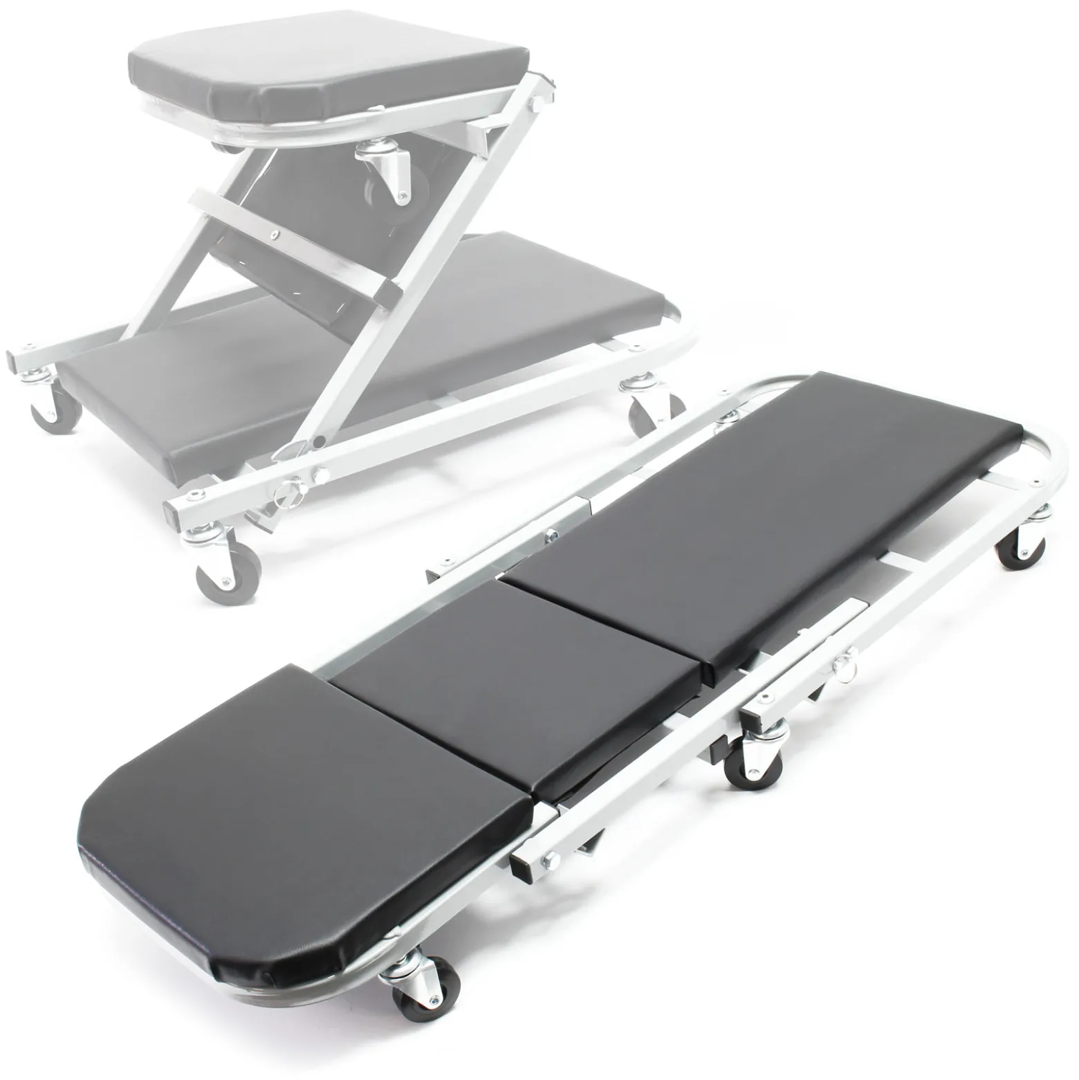 Wiltec 2-in-1 Montageliege & Werkstattsitz 90 x 41,5 x 12,5 cm, bis 150kg, Werkstatthocker mit gepolsterter Liegefläche & 6 Lenkrollen, Montagliege, Rollbrett