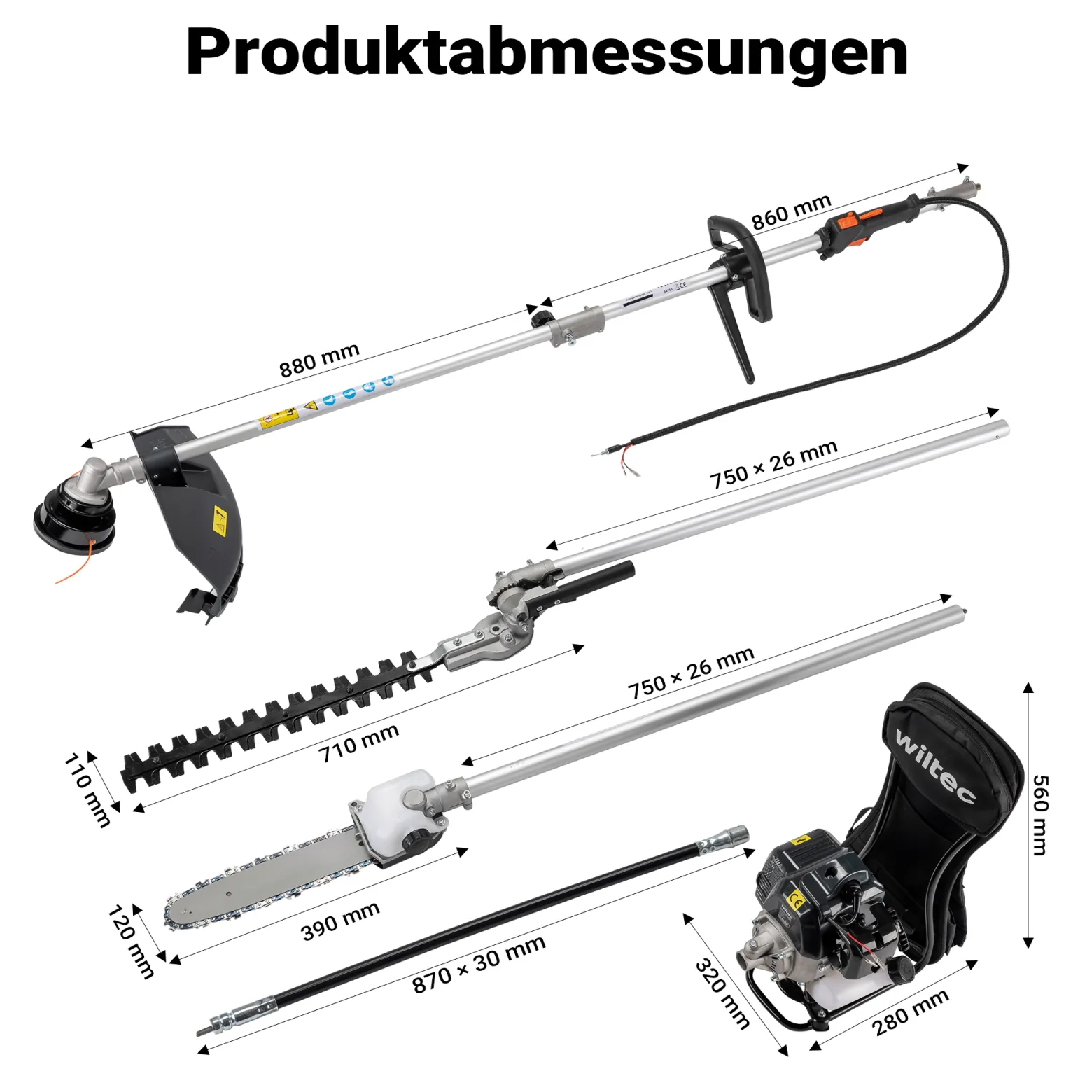 Wiltec 4-in-1 Multifunktionsgerät mit 2-Takt-Motor mit Rucksack, Backpacker Multigartengerät, Multitool Gartenwerkzeug mit u.a. Rasentrimmer