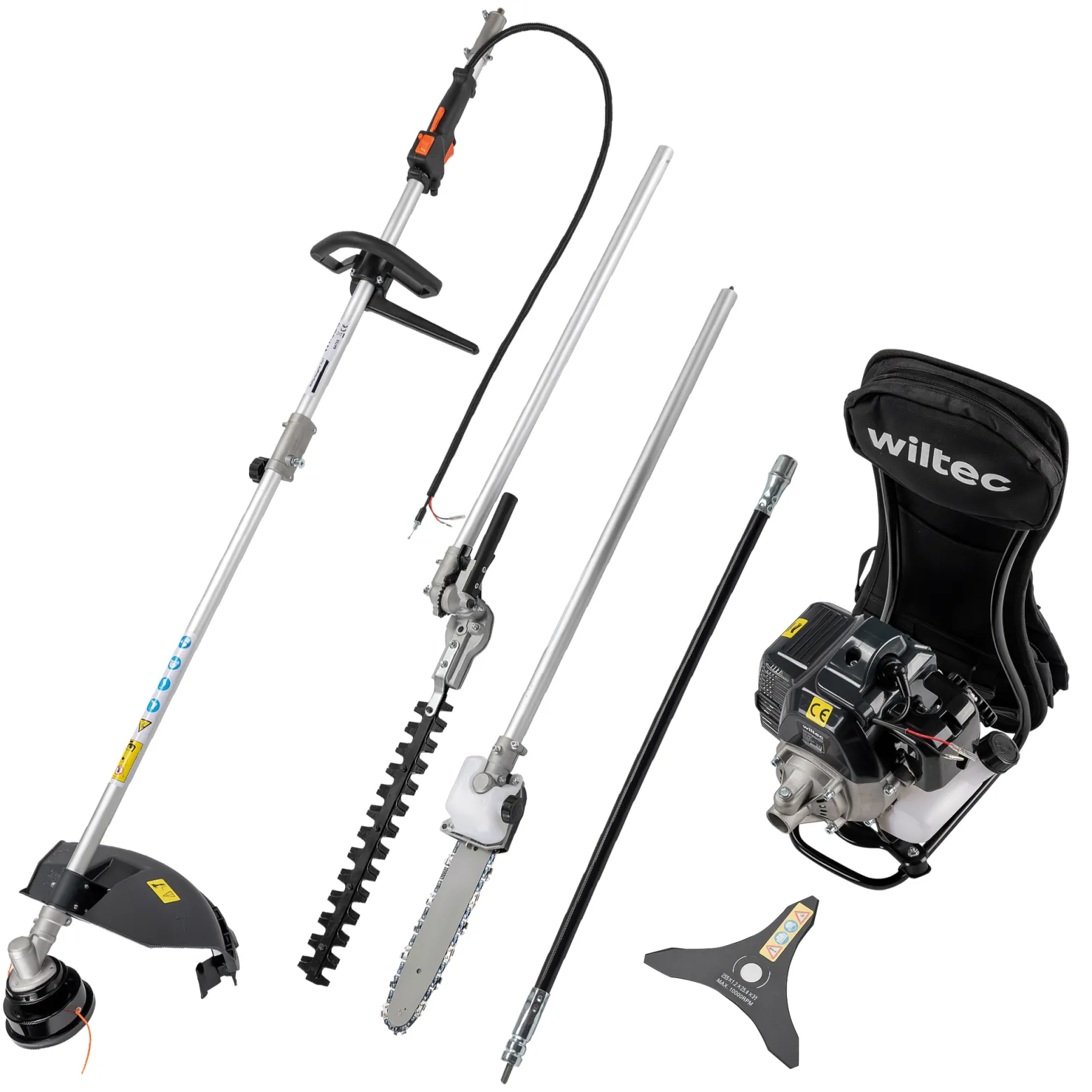 Wiltec 4-in-1 Multifunktionsgerät mit 2-Takt-Motor mit Rucksack, Backpacker Multigartengerät, Multitool Gartenwerkzeug mit u.a. Rasentrimmer